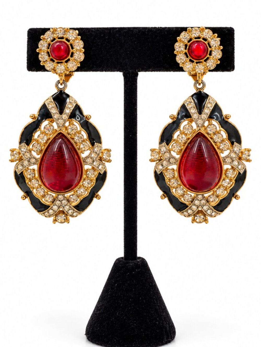 Kenneth Jay Lane KJL Red Cabochon Black Enamel Rhinestone Clip Earrings